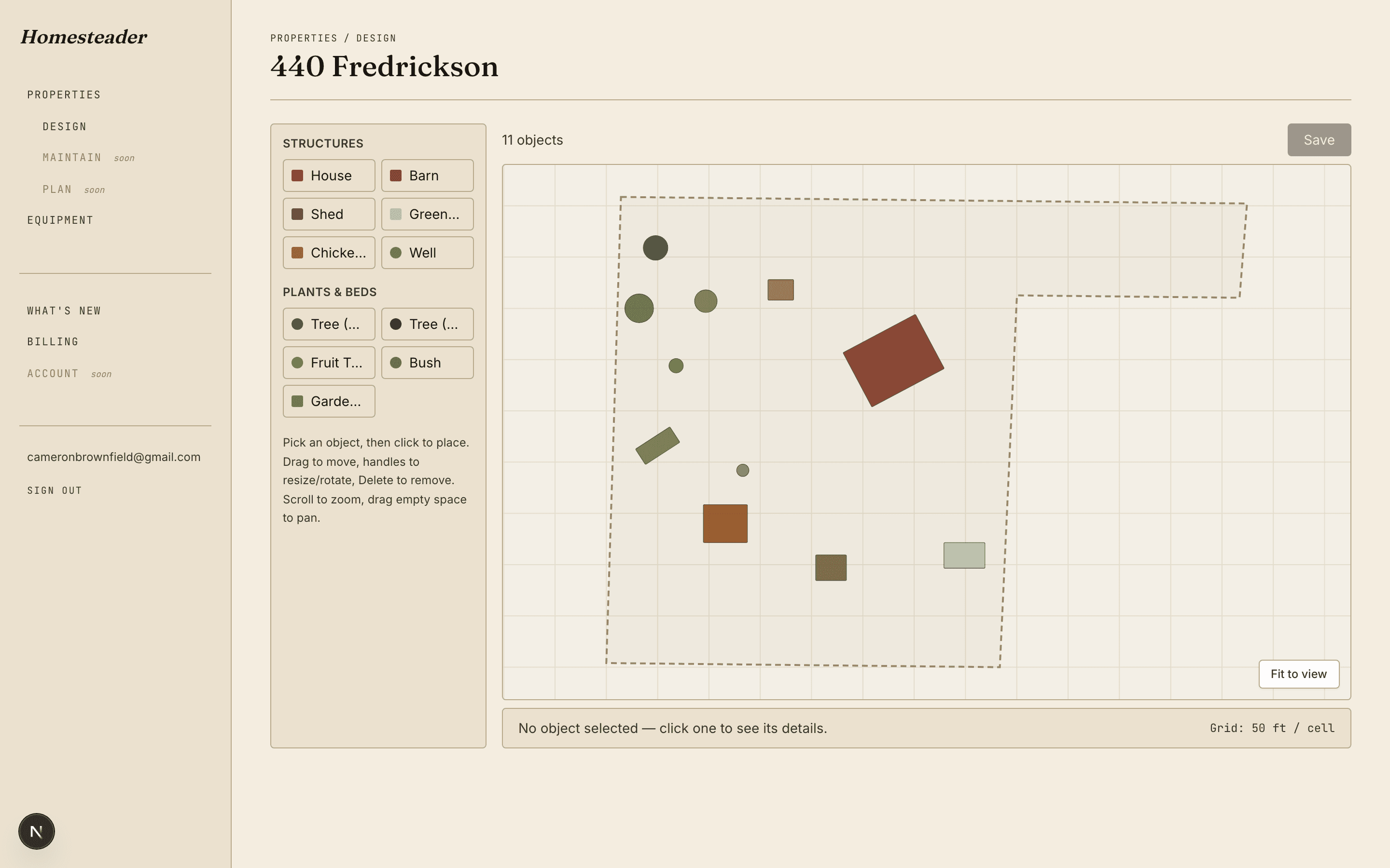 The canvas site designer with structures, beds and trees placed on a parcel