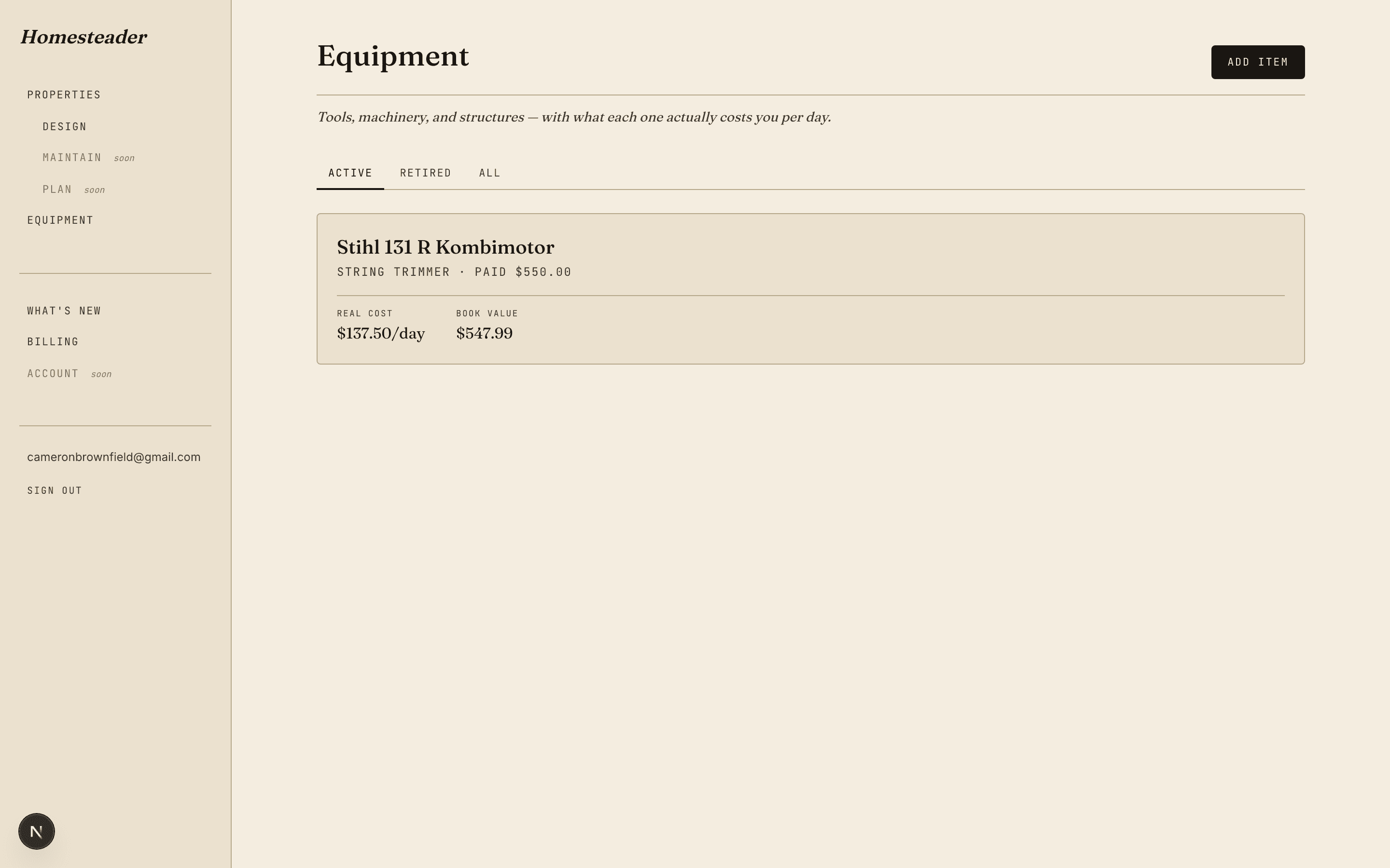 An equipment ledger showing the real per-day cost of a tool