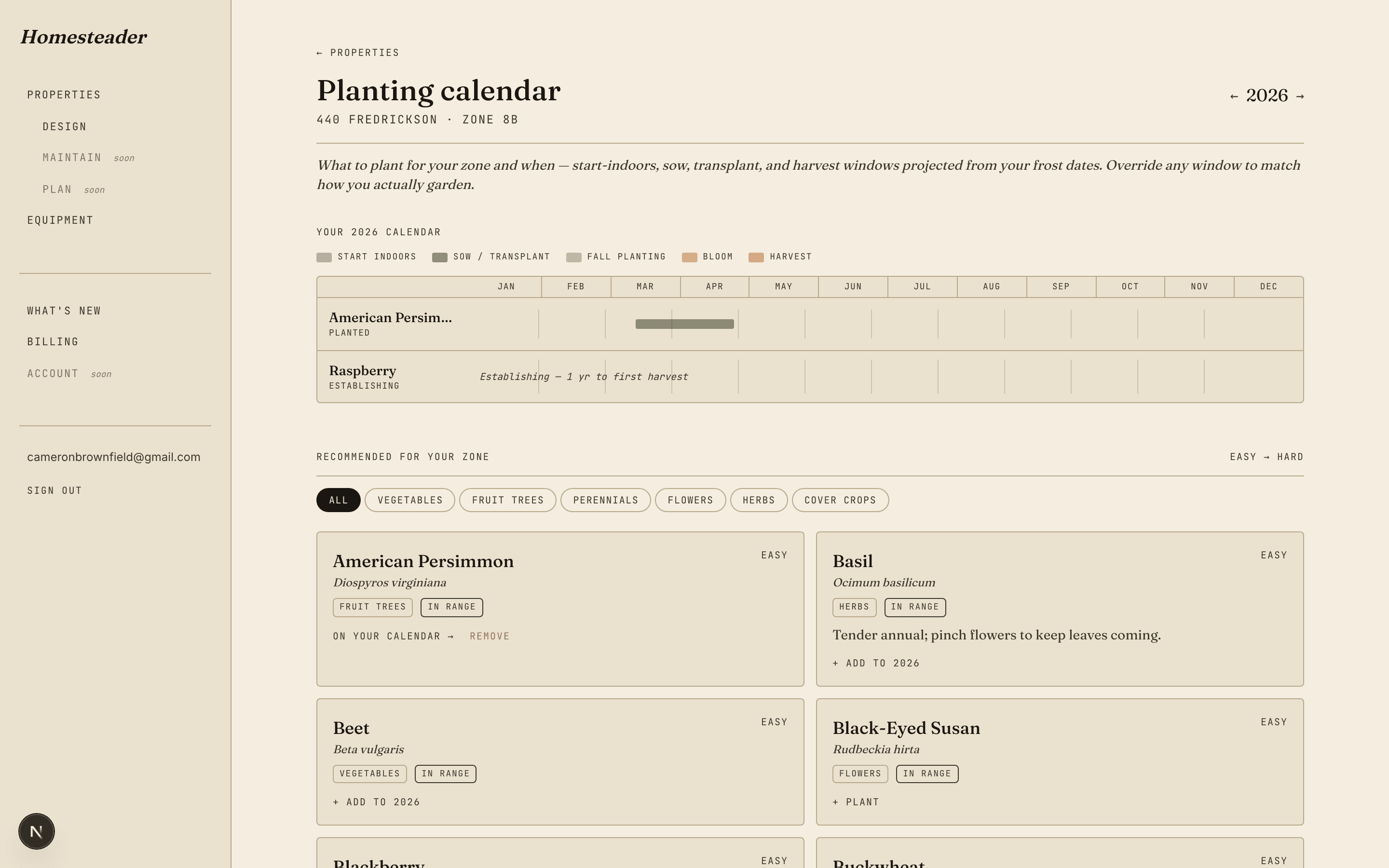 A planting calendar showing sow, transplant and harvest windows by month