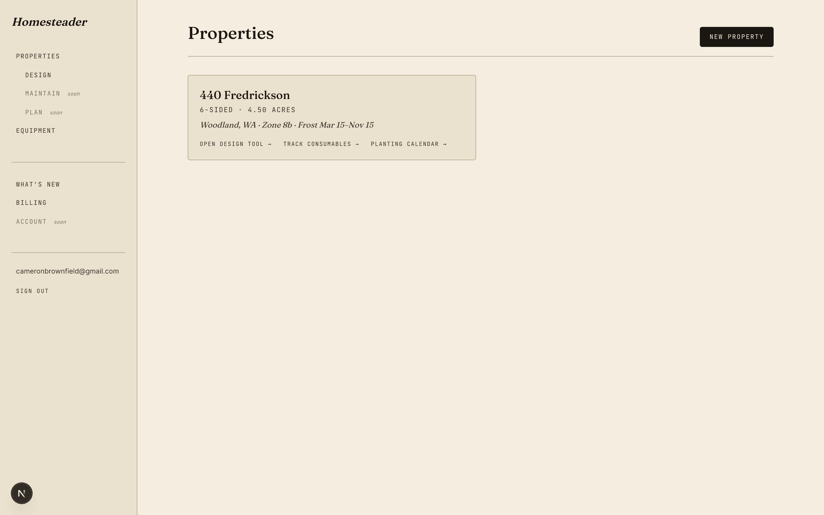 The properties dashboard listing a homestead with its zone and frost dates